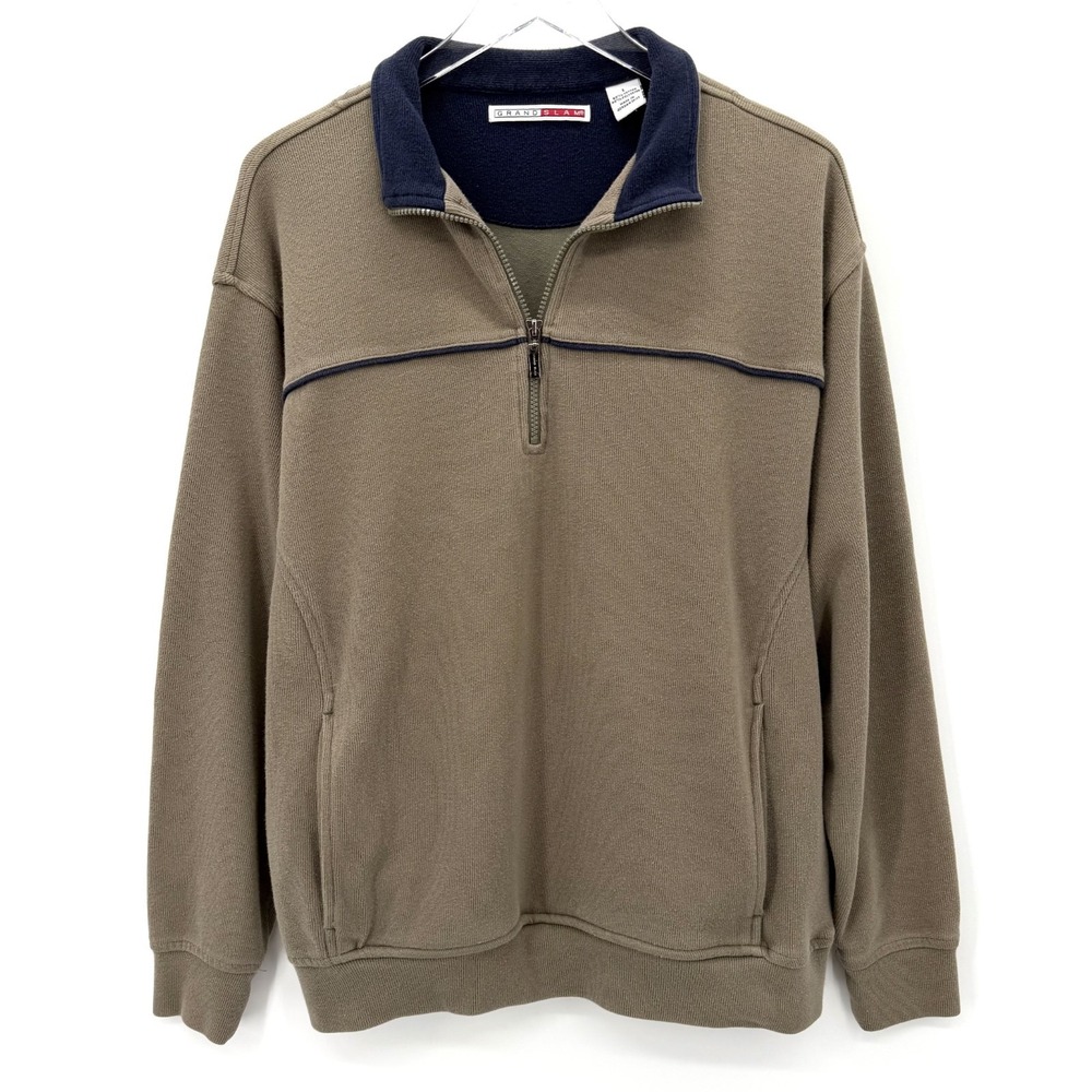 Y2K 90s Grand Slam Golf Pullover Sweater Mens Size L Taupe 1/4 Zip Pockets